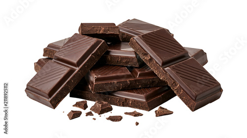 Obraz na plátně Dark chocolate bar pieces on white background, broken chocolate blocks with crumbs
