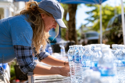 Volunteer Setting Up Water Bottles at Outdoor Cooling Station