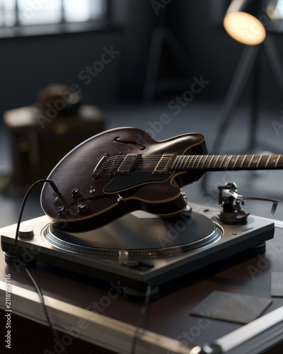 Electric Guitar on Turntable in Studio Setting with Ambient Light