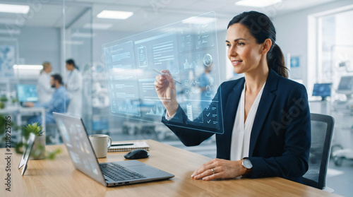 Professional woman using advanced digital interface in modern office environment showcasing innovative technology, cybersecurity, teamwork, and corporate collaboration