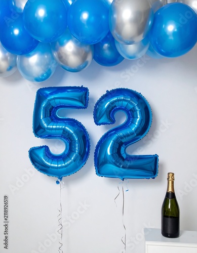 Blue Number 52 Balloon with Champagne Bottle for Birthday or Anniversary Celebration