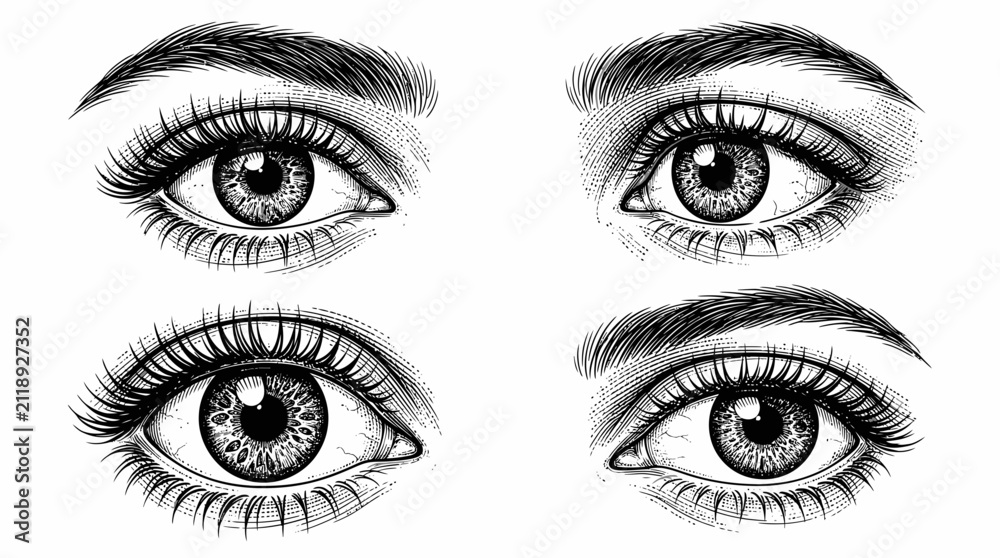 Fototapeta premium Vintage hand drawn human eyes set, detailed engraving style female eyes with eyebrows, black and white sketch vector illustration for beauty and anatomy