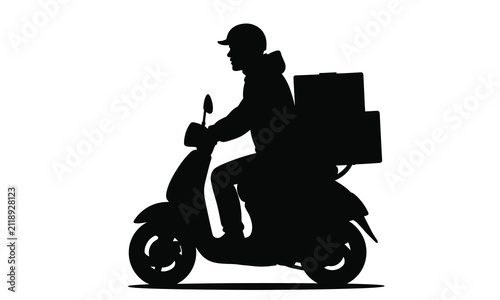 Delivery Man Riding Scooter with Food Delivery Box Silhouette Vector