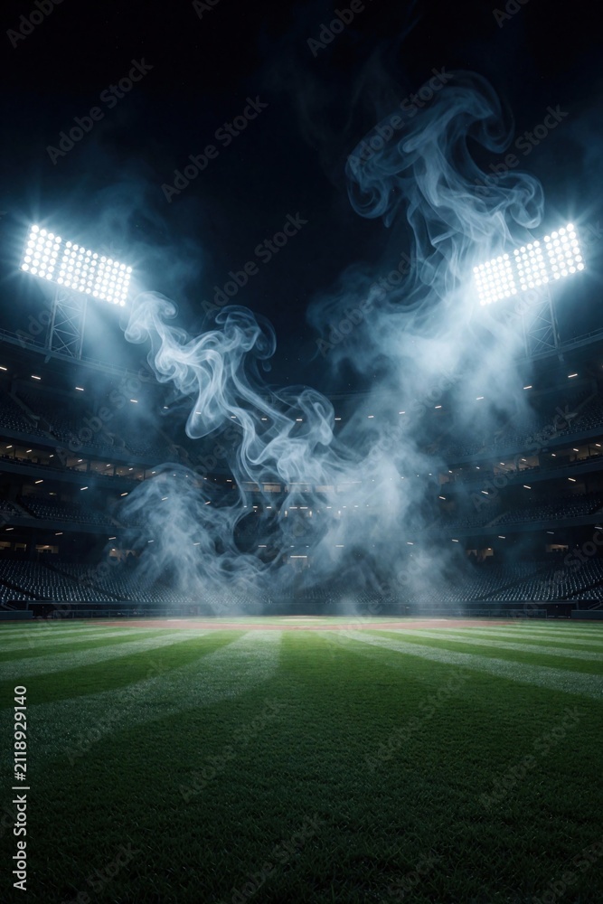 Obraz premium Night baseball stadium with bright floodlights illuminating swirling smoke above the empty green field. Arena lights pierce fog on grass. Sports venue prepares for game.