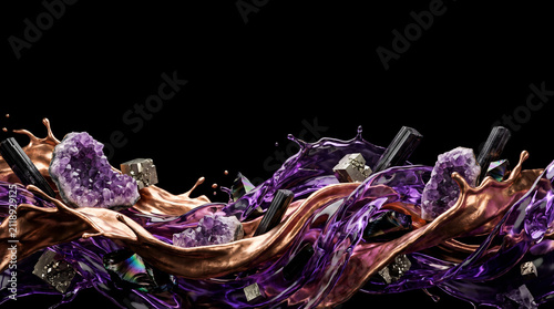 Abstract liquid splash of metallic bronze and purple fluid with flying raw amethyst geodes, pyrite crystals, and tourmaline on black background with copy space
