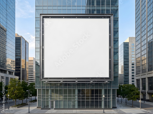 Large Square Billboard Mockup attached to Glass Wall of Modern Skyscraper