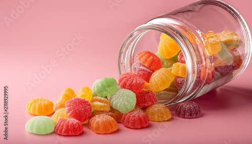 a pile of colorful gummy candies spills out from a glass jar onto a pink surface