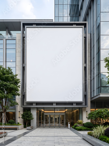 Vertical Blank Banner Billboard Mockup on Modern Glass Office Building Facade