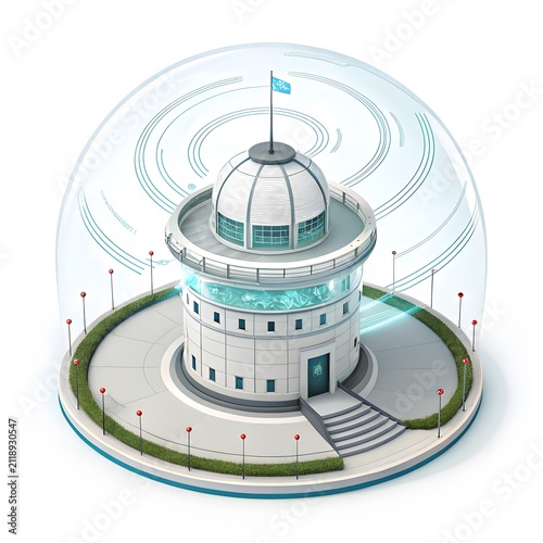 Futuristic circular research facility or laboratory building enclosed in a large transparent energy shield bubble with facility