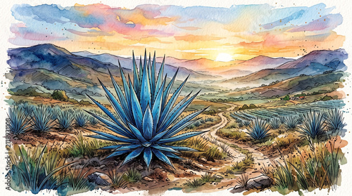 Blue agave plants in a mexican desert landscape at sunset watercolor