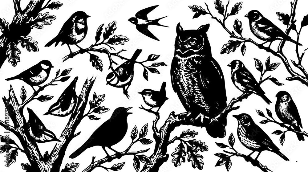 Fototapeta premium Birds set with monochrome line art featuring flying, perching, and singing with detailed feathers and minimalist style
