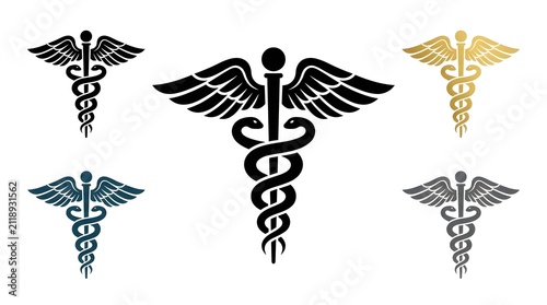 Set of medical caduceus symbols with winged staff and twin snakes in various styles and colors for healthcare design