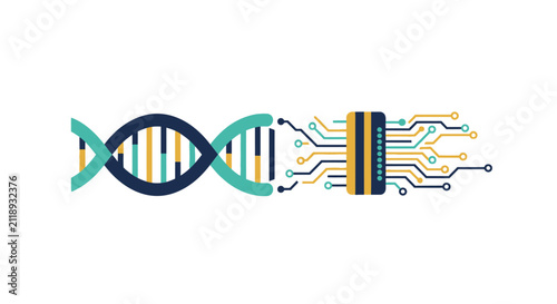 DNA Helix Transitioning into Digital Circuit Board Illustration representing Biotechnology, Bioinformatics, Genetic Engineering, and Synthetic Biology Concepts