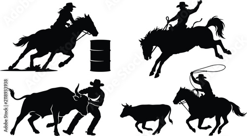 Konstfotografi Silhouette illustration set of rodeo events including barrel racing, bronc ridin