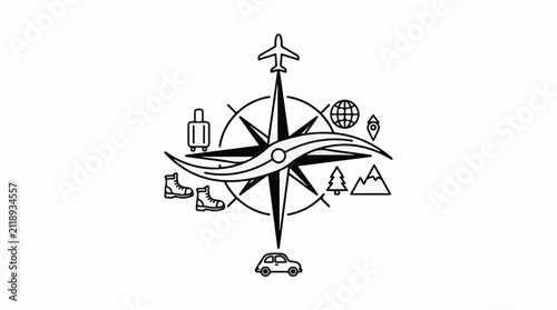 A compass with icons representing travel modes and destinations
