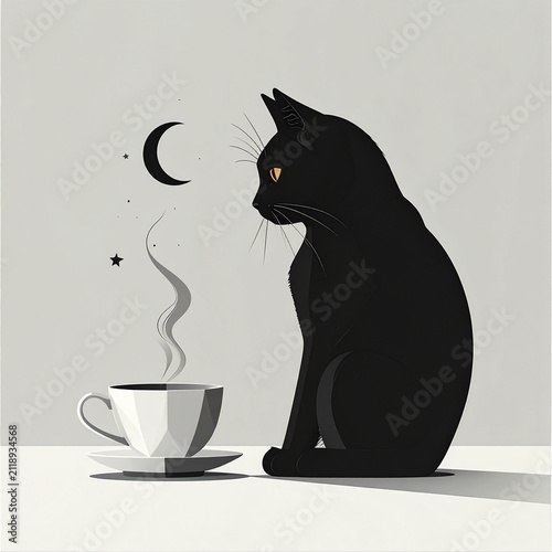 Minimalist Black Cat Sitting Beside Steaming Coffee Cup, Whimsical Cozy Celestial Illustration with Crescent Moon and Stars, Modern Flat Art Isolated on Light Background
