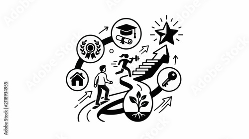 A conceptual journey from growth to achievement symbolized by a winding path
