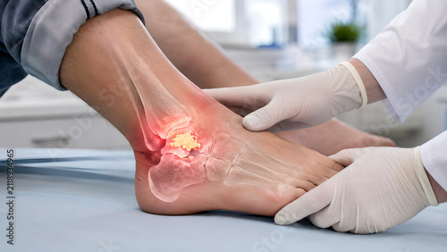 Ankle gout clinical procedure with urate crystal arthritis shown in a photorealistic medical illustration of inflamed ankle joint for healthcare education, clinic communication, and patient awareness