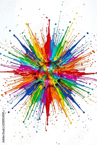 Bright rainbow colored paint exploding outward in a dynamic radial splash isolated on a white background, creating an energetic abstract art design
