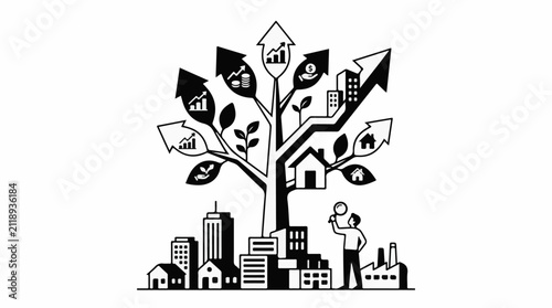 A conceptual tree of growth and investment symbols in a city