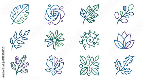 Clean Minimalist Line Art Botanical Designs with Floral and Leaf Motifs in Green Blue and Purple Tones