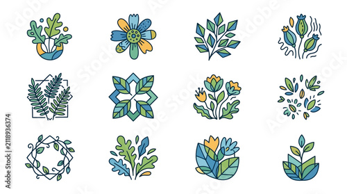 Clean Minimalist Flat Illustrations of Colorful Botanical Elements and Floral Designs in Blue Green Yellow