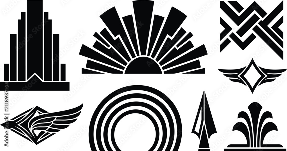 Fototapeta premium Vintage Art Deco Ornament Set with Geometric Fan Sunburst Skyscraper Wings Rainbow and Classic Retro Silhouette Architecture Design Elements