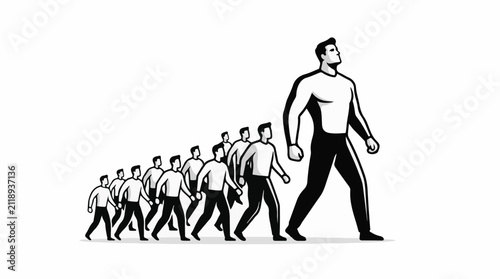 A confident leader strides ahead of a disciplined line of followers
