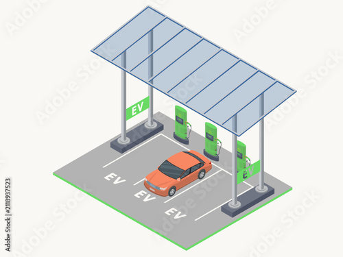isometric ev charging station canopy scene with parked sedan car