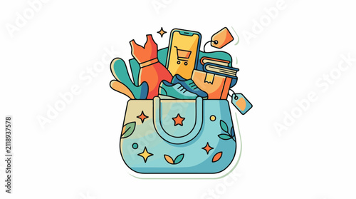 A colorful tote bag filled with various items for shopping and leisure