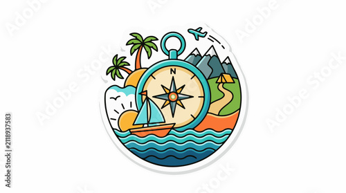 A colorful travel scene featuring a compass boat plane beach and mountains