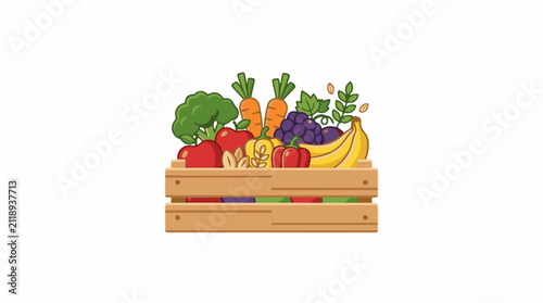 A colorful wooden crate overflowing with fresh fruits and vegetables