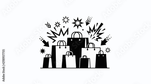A collection of shopping bags with burst graphic elements