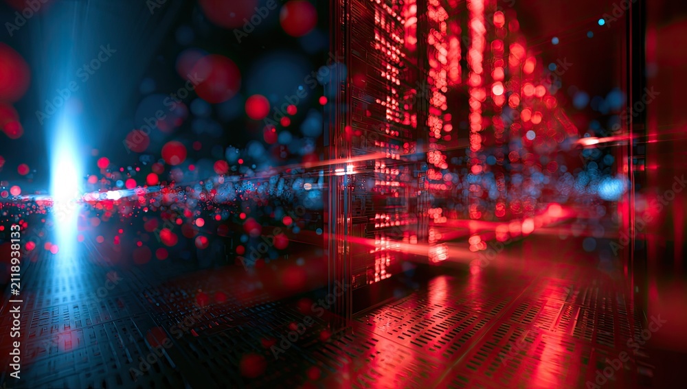 Fototapeta premium Abstract digital data streams, glowing particles, and bright light effects