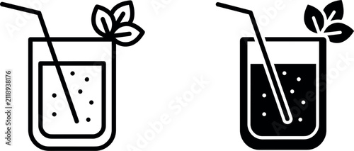 Photography Refreshing summer cocktail outline and silhouette vector icons with straw and mi