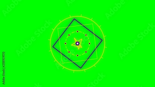Abstract geometric composition with rotating shapes on a green background