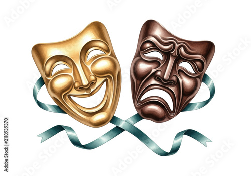 highly detailed watercolor illustrations of gold comedy and dark tragedy masks intertwined by a teal ribbon, flat lay on a transparent background, concept of duality and drama