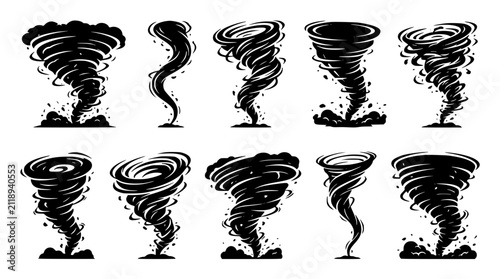 Tornado and Twister Extreme Weather Vector Illustration Set Featuring Swirling Wind Storms Hurricanes Whirlpools and Cyclonic Catastrophe Symbols for Graphic Design