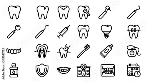 Dental care and dentistry line icon set featuring tooth implants braces toothache cavity treatment and oral hygiene symbols