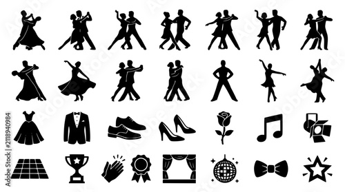 Quadro su tela Ballroom dancing black silhouette icon set featuring dancing couples tango salsa