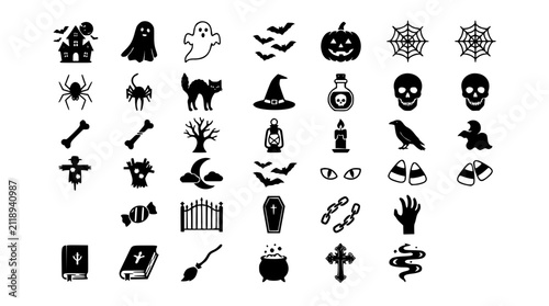 Foto Creepy autumn season vector icons collection featuring black cat coffin witch ha