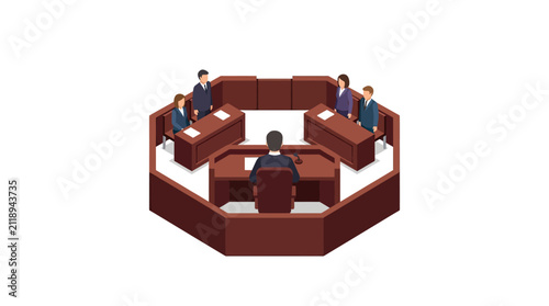 Elegant Isometric of a Judicial Bench with Five Professionals in Dark Suits and Wooden Desks with high quality professional line art symbols for modern creative design and digital branding projects