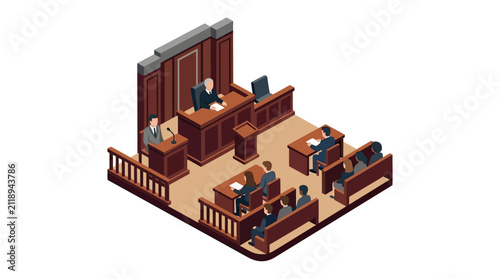 Elegant Isometric of a Wooden Courtroom with Judge Lawyers and Jury in Session with high quality professional line art symbols for modern creative design and digital branding projects
