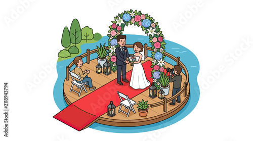 Dynamic Floating Wedding Ceremony on a Boat with Floral Arch Red Carpet and Guests in a Scenic Outdoor Setting