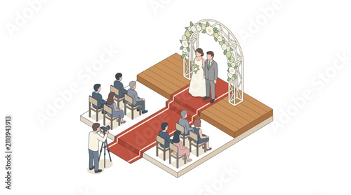 Elegant Wedding Ceremony Featuring Bride Groom Floral Arch Red Carpet Guests and Photographer with high quality professional line art symbols for modern creative design and digital branding projects