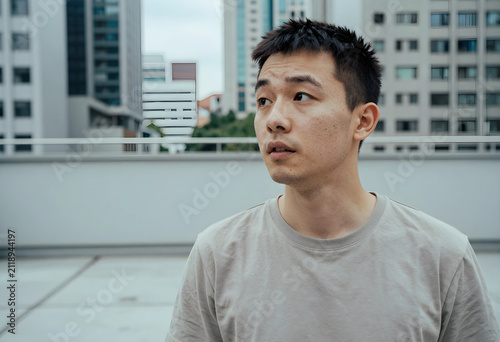 Young asian man looking awa...