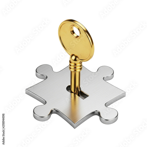 highly polished antique golden skeleton key seamlessly inserted into a silver jigsaw puzzle piece with a central keyhole, macro shot on white background, hyper-detailed photorealism. concept of