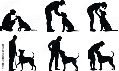 Dog training flat vector illustration pack. Black silhouettes capture men and women teaching obedience, petting puppies, and handling loyal canine pets.
