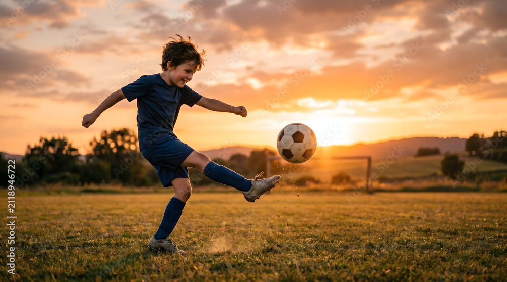Naklejka premium Enthusiastic young boy skillfully kicking a soccer ball across a lush green field under a spectacular golden hour sunset, wearing blue uniform, symbolizing active childhood sports training