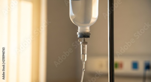 Intravenous saline drip bag hanging on metal stand in hospital room with soft natural morning window light, realistic clinical setting